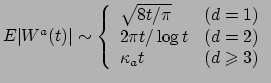 $ E\vert W^a(t)\vert \sim
\left\{\begin{array}{ll}
\sqrt{8t/\pi} &(d=1)\\
2\pi t/\log t &(d=2)\\
\kappa_a t &(d \geqslant 3)
\end{array}\right.
$