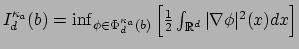 $ I_d^{\kappa_a}(b) = \inf_{\phi \in \Phi_d^{\kappa_a}(b)}
\Big[ \frac{1}{2} \int_{\mathbb{R}^d} \vert\nabla\phi\vert^2(x) dx \Big]
$