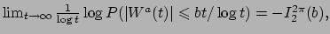 $ \lim_{t \to \infty} \frac{1}{\log t}
\log P(\vert W^a(t)\vert \leqslant bt/\log t) = - I_2^{2\pi}(b),
$