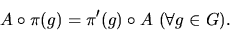 \begin{displaymath}A\circ \pi(g)=\pi^\prime(g)\circ A\ (\forall g\in G). \end{displaymath}