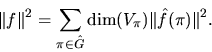 \begin{displaymath}
\Vert f\Vert^2=\sum_{\pi\in \hat G}{\rm dim}(V_\pi)
\Vert {\hat f}(\pi)\Vert^2.
\end{displaymath}